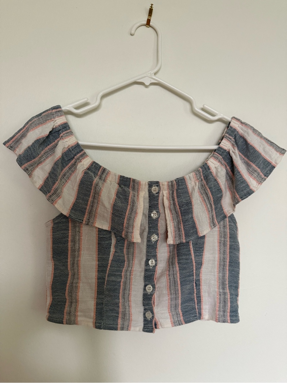 Altar'd State Striped Off-Shoulder Crop Top in Blue, Pink & White